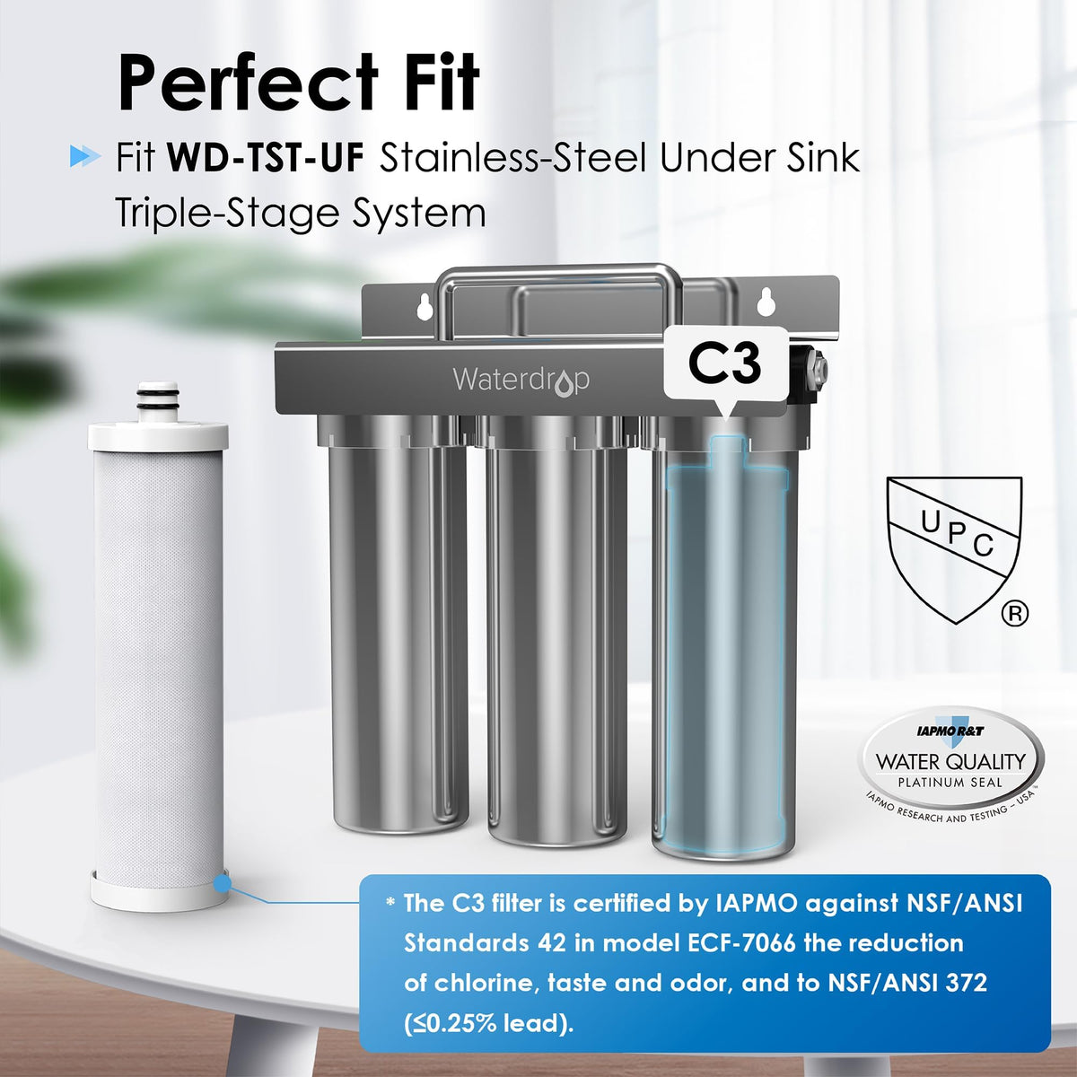 Waterdrop C3 replacement cartridge shown for quick, twist-off installation.
