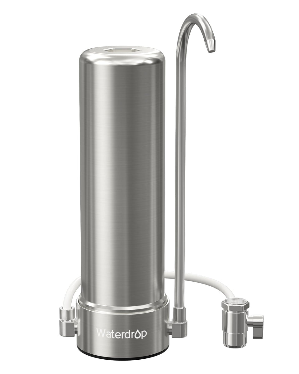 Waterdrop CTF-01 countertop filter system on a standard kitchen faucet for cleaner water