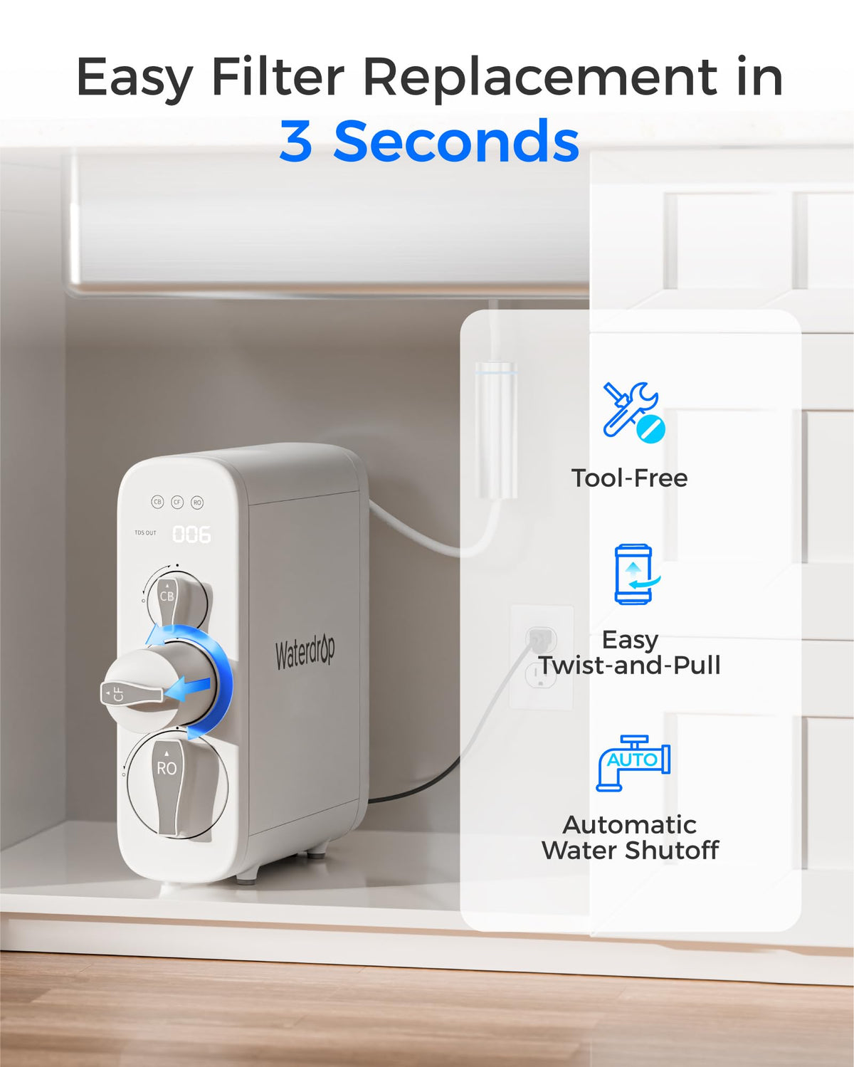Waterdrop quick-twist installation demonstrates easy filter swap