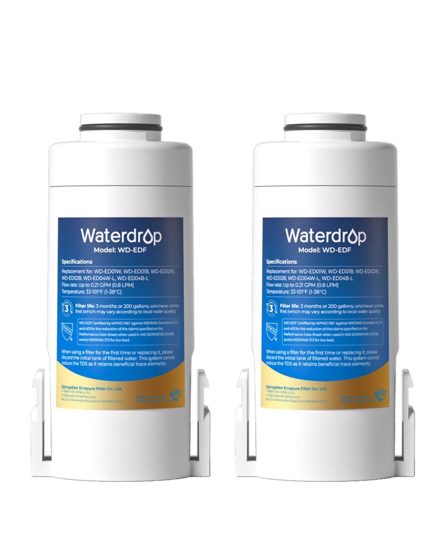 Waterdrop EDF filter showing compatibility with ED01/ED02/ED04 pitchers for easy replacement.