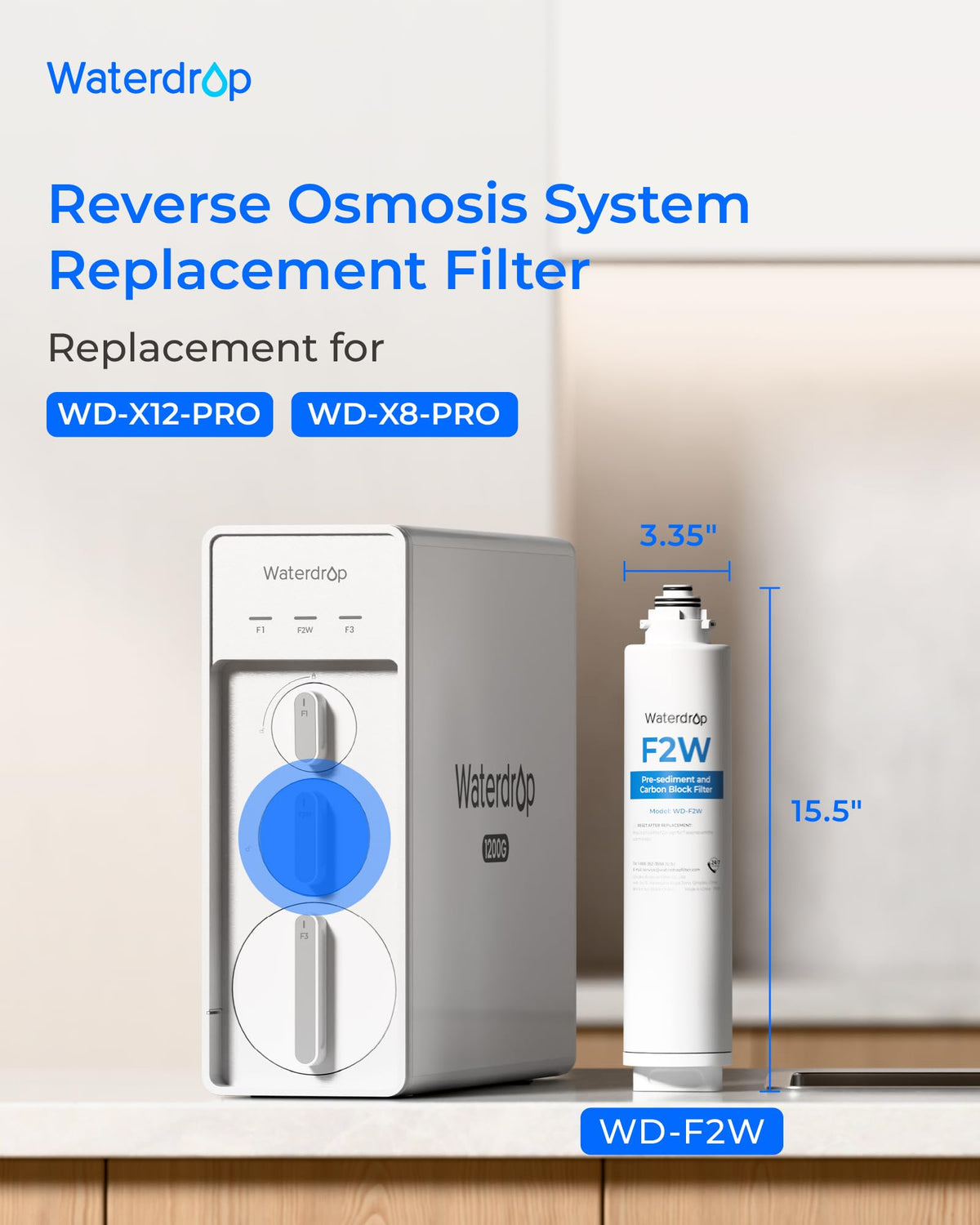 Waterdrop F2W filter assembly demonstrates compact, clean installation ready for under sink