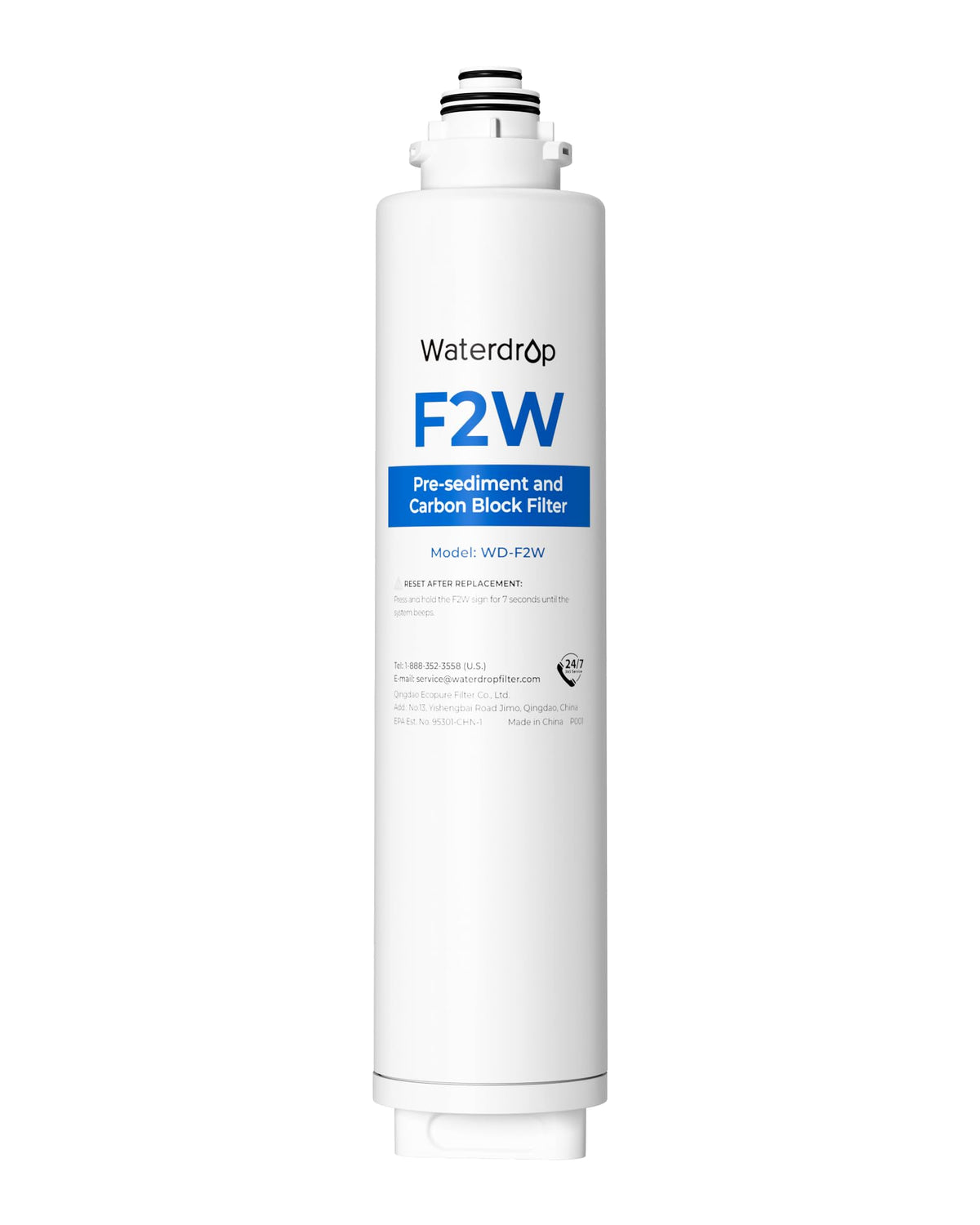 Waterdrop F2W filter packaging shows eco friendly design for easy replacement