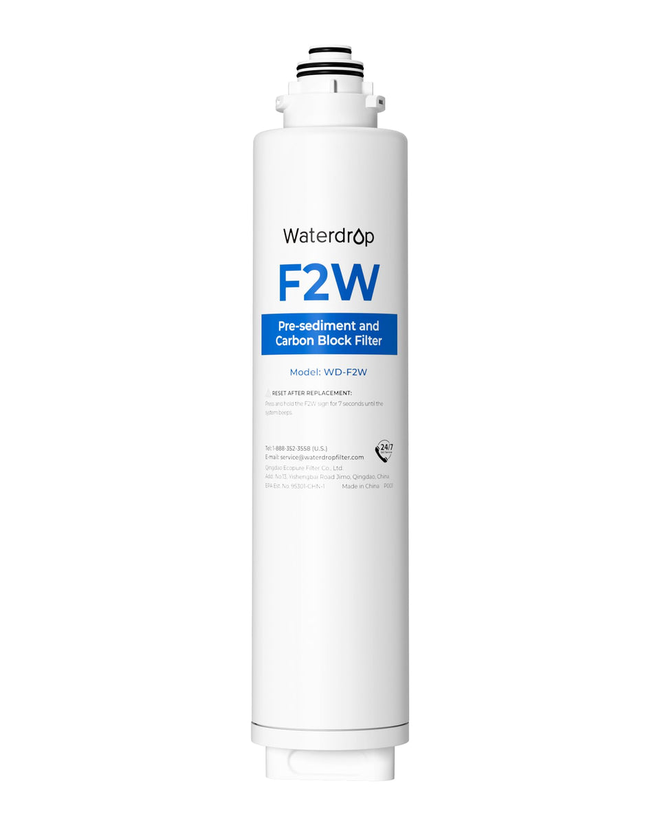 Waterdrop F2W filter packaging shows eco friendly design for easy replacement