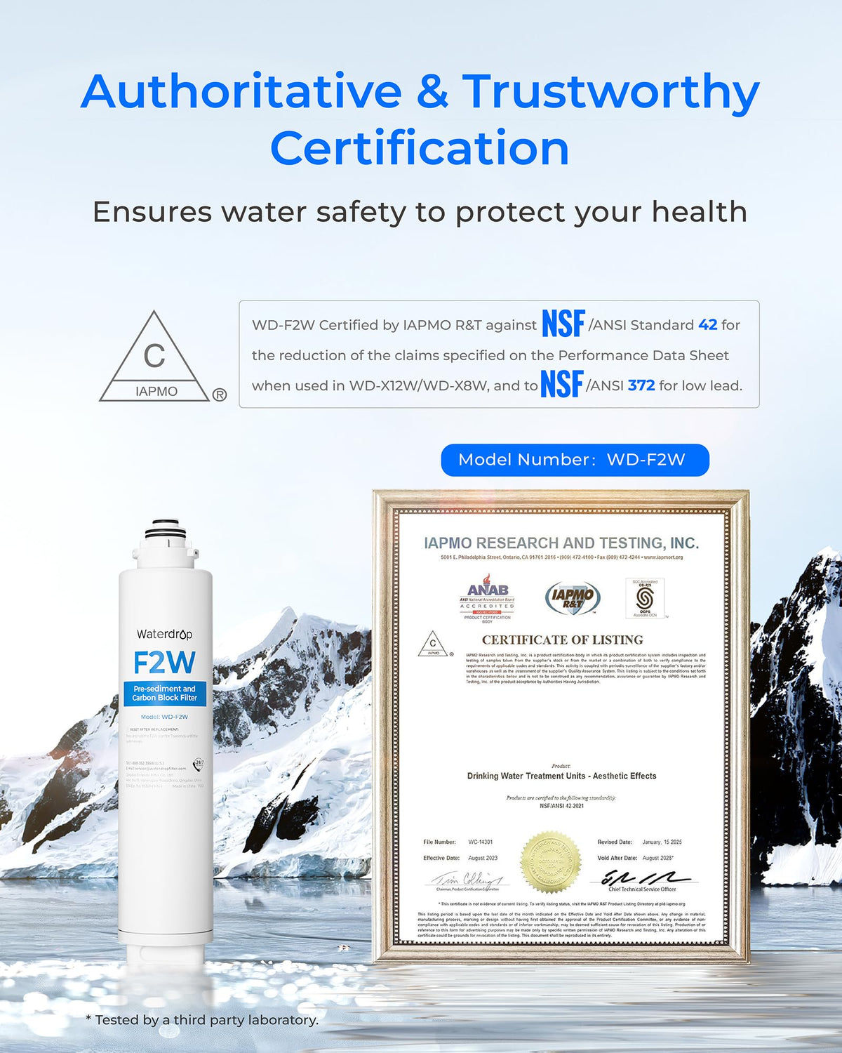 Waterdrop F2W replacement in 3 seconds emphasizes tool free, quick refresh for daily use