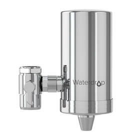 Waterdrop FC-06 installed on kitchen faucet showing filtered water flow