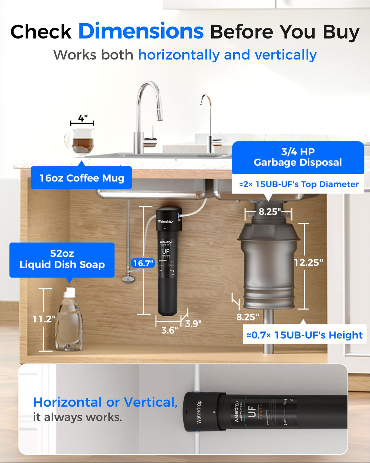 Waterdrop flow 0-75 gpm illustrated for fast, steady water supply.