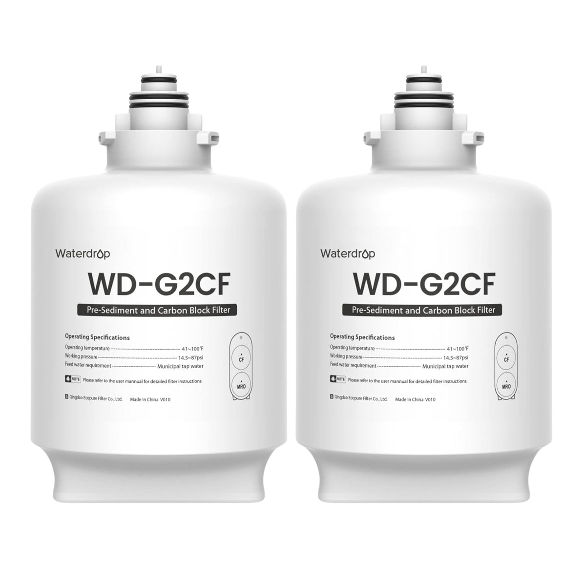 Waterdrop G2-2CF filter front view shows compact design for under-sink use