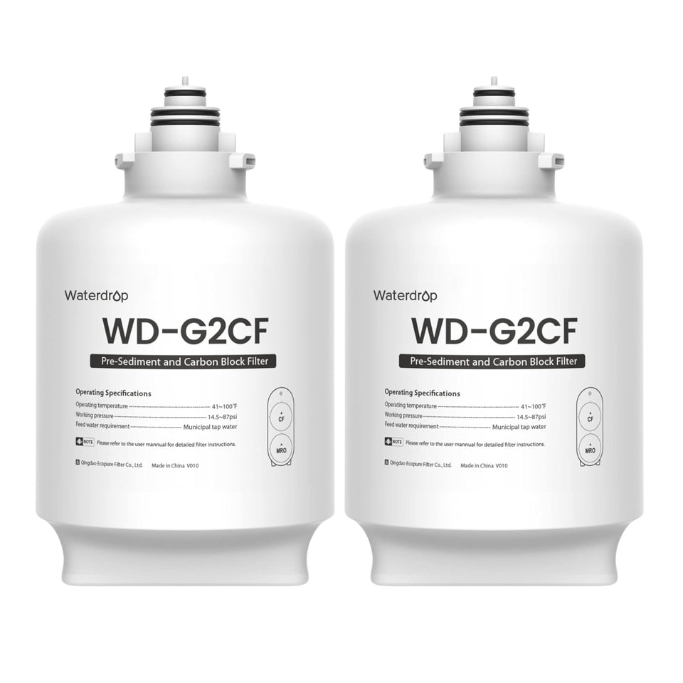 Waterdrop G2-2CF filter front view shows compact design for under-sink use