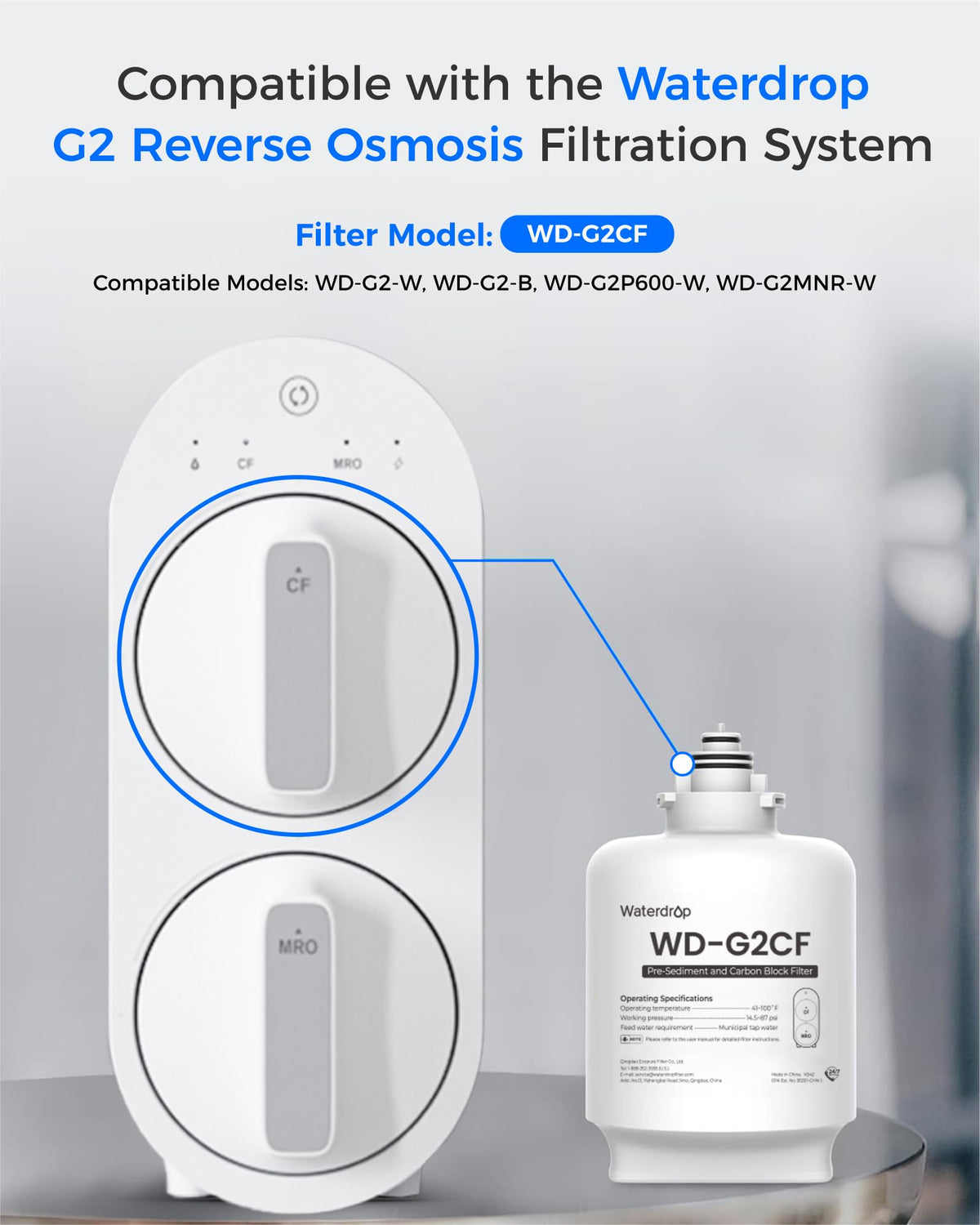 Waterdrop G2-2CF filter packaging displays 12-month lifespan feature