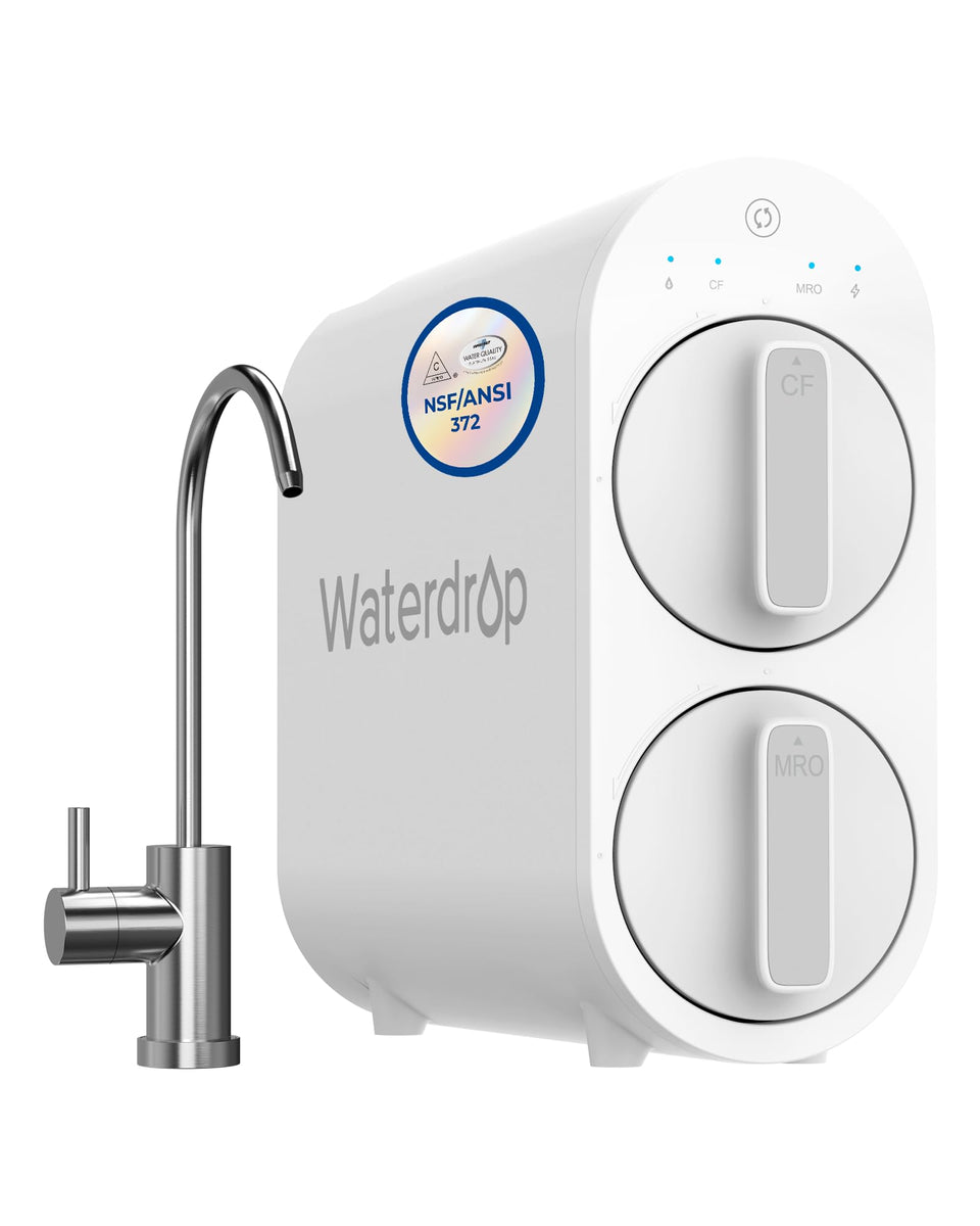 Waterdrop G2 RO system front view showing compact tankless setup and under-sink fit
