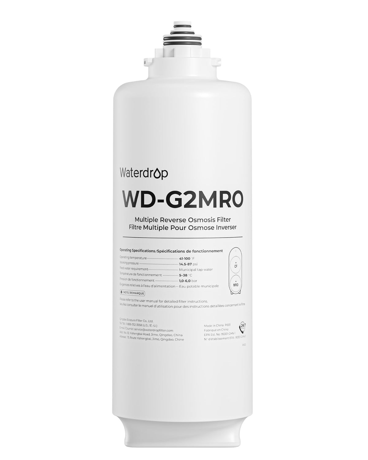 Waterdrop G2MRO filter front view highlights durable RO filtration for clean taste