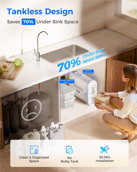 Waterdrop G2P600 high flow 600 GPD graphic illustrating fast cup filling