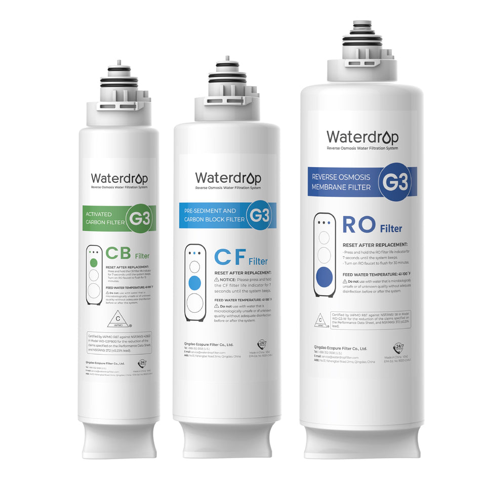 Waterdrop G3-N1CF filter close-up showing coconut shell carbon for odor reduction.