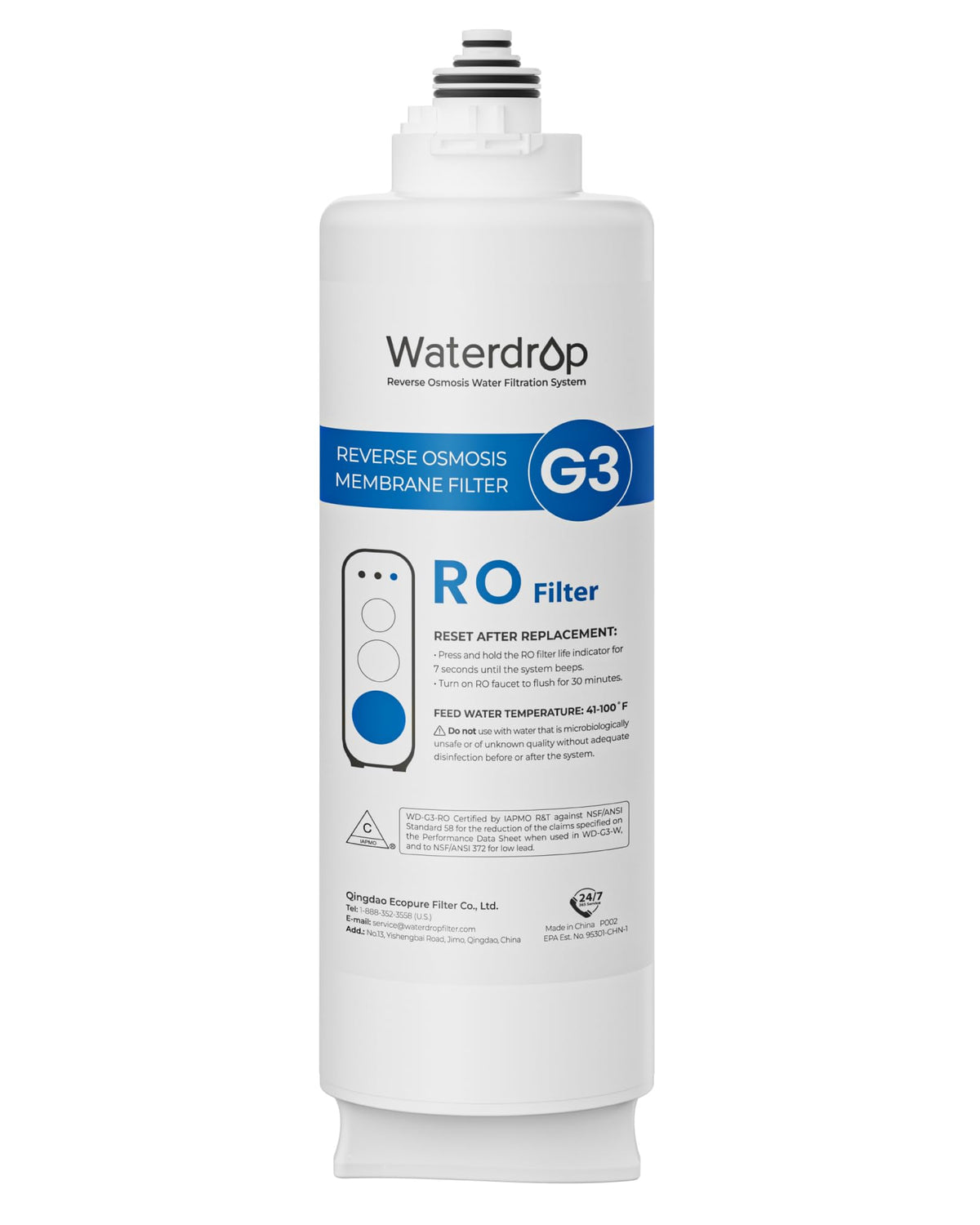 Waterdrop G3-N2RO filter close-up shows high-precision filtration for the G3-W system.