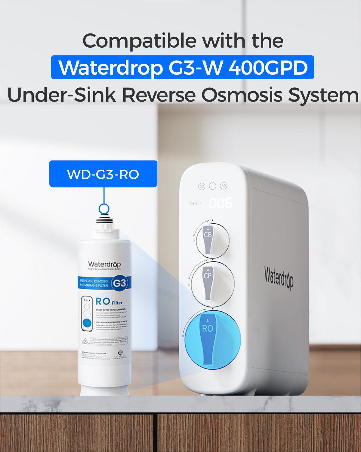 Waterdrop G3-W 400 GPD RO system image highlights compact home installation.