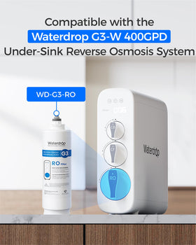 Waterdrop G3-W 400 GPD RO system image highlights compact home installation.