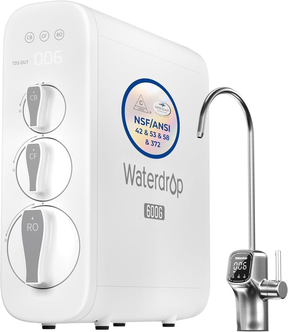 Waterdrop G3P600 under-sink RO system installed in a modern kitchen cabinet.
