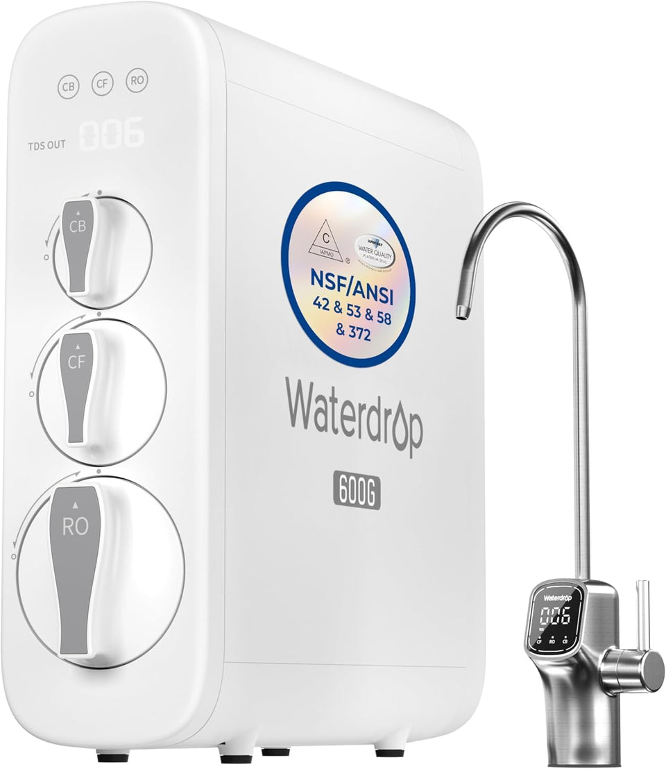 Waterdrop G3P600 under-sink RO system installed in a modern kitchen cabinet.