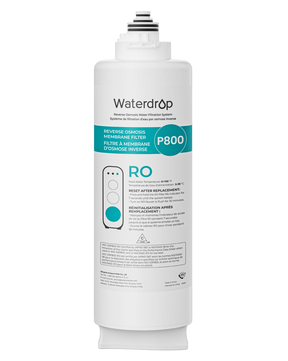 Waterdrop G3P800-RO filter packaging ready for replacement in tankless RO systems.