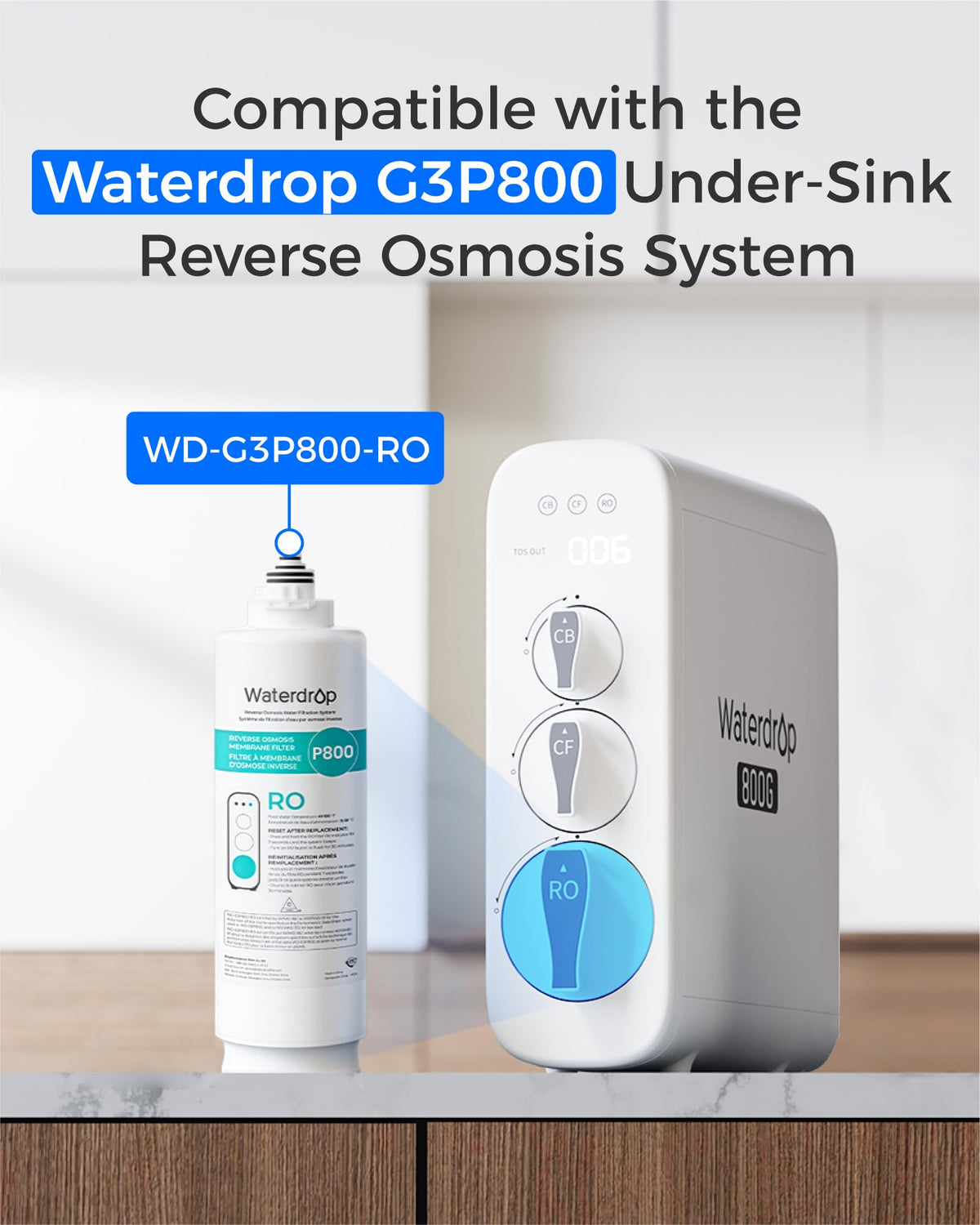 Waterdrop G3P800-RO filter unboxing shows simple swap process.