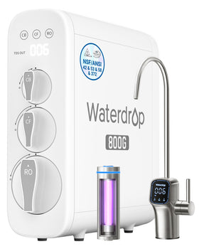 Waterdrop G3P800 RO system front view showing compact under-sink design for easy installation.