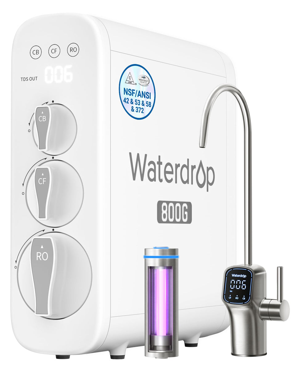 Waterdrop G3P800 RO system front view showing compact under-sink design for easy installation.