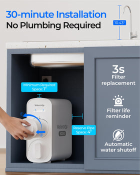 Waterdrop G5P500 faucet dimensions indicate compact setup for kitchens.
