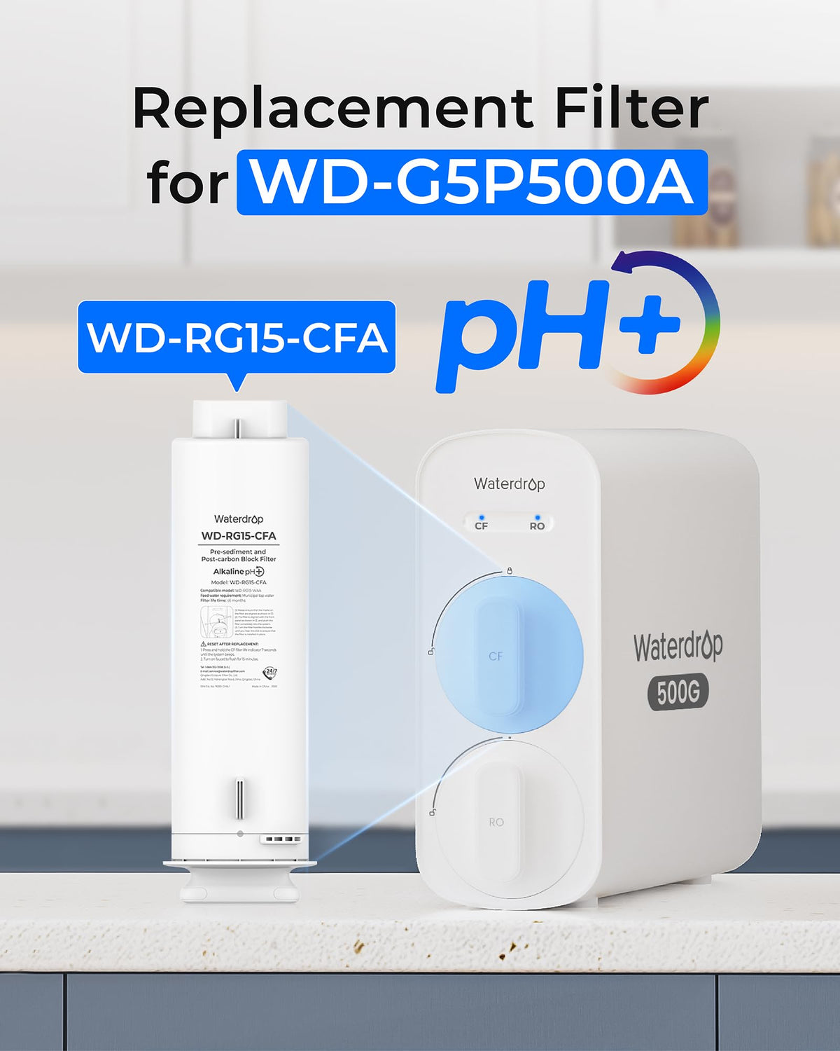 Waterdrop G5P500A-CF filter body close-up highlights eight-stage filtration