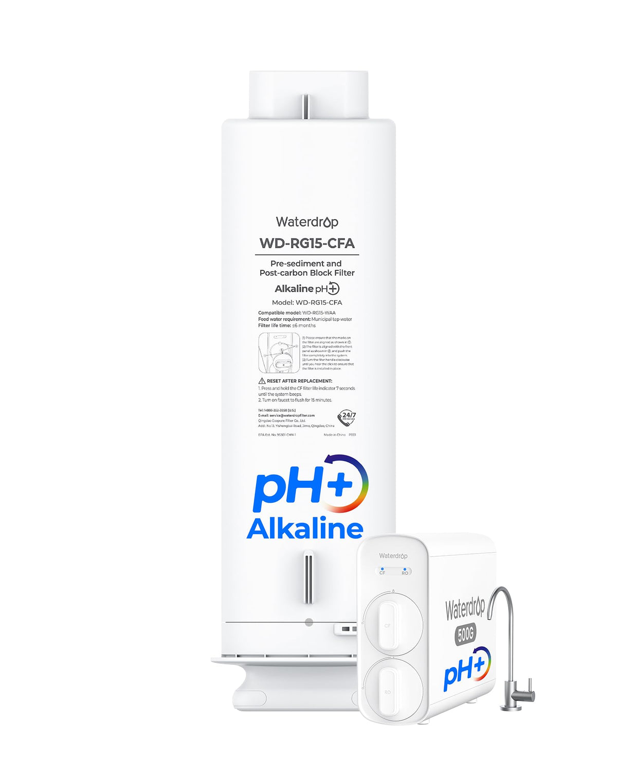 Waterdrop G5P500A-CF filter packaging shows compatibility and six-month lifespan for reference
