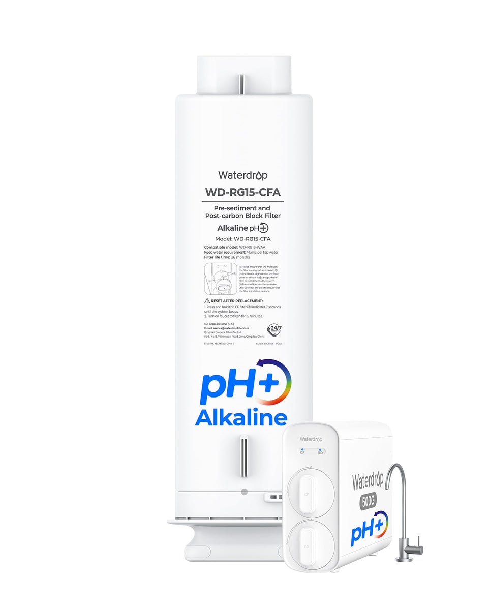 Waterdrop G5P500A-CF filter packaging shows compatibility and six-month lifespan for reference