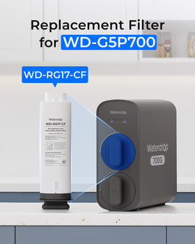 Close-up of Waterdrop G5P700-CF filter cartridge ready for replacement.