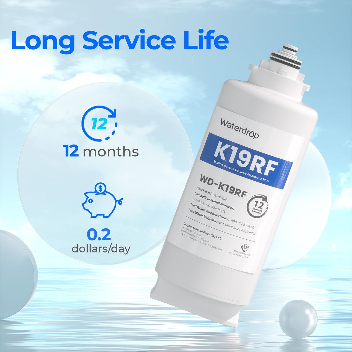 Waterdrop K19RF filter lifetime label indicating up to 12 months.