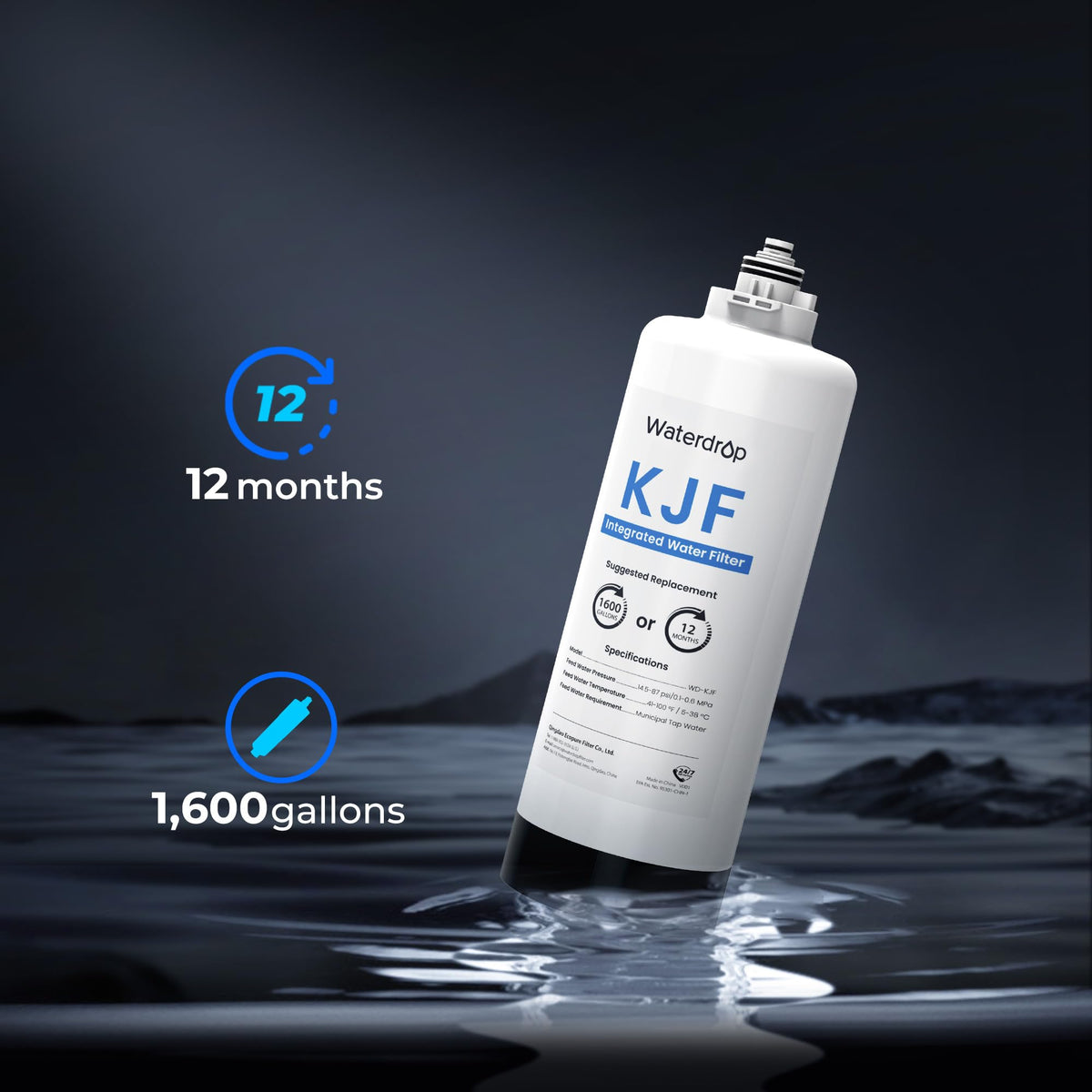 Waterdrop KJF filter lasts 12 months for steady, high-quality drinking water.