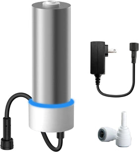 Waterdrop UV under-sink housing in stainless steel shows durable filtration design.