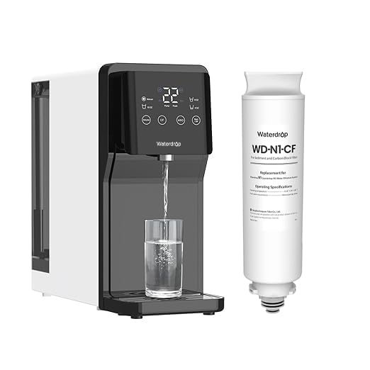 Waterdrop N1-CF filter cartridge shown in main view with carbon-block filtration.