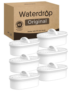 Waterdrop PF-01A Plus filter front view highlights compatibility with Waterdrop pitchers for cleaner water