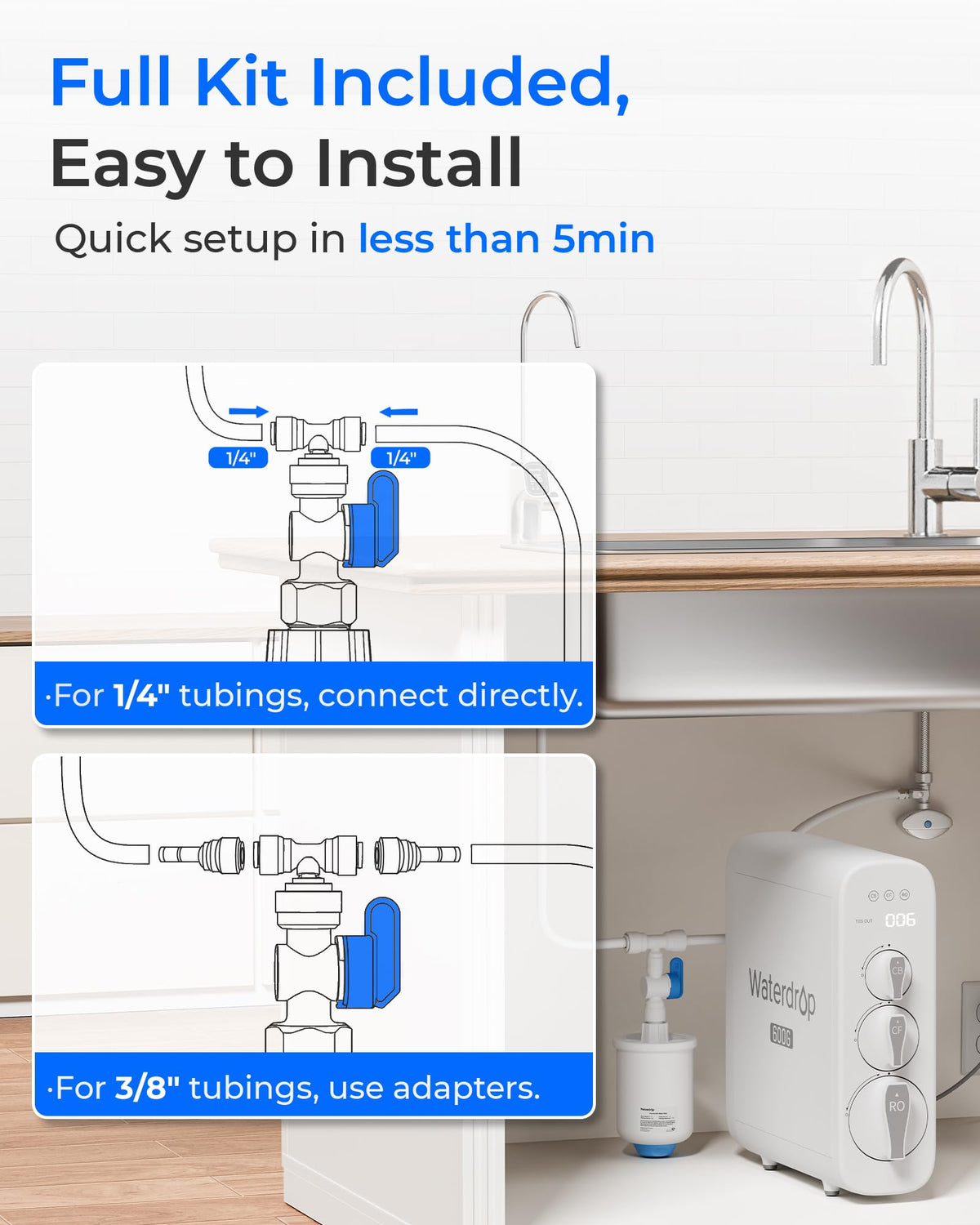 Waterdrop PMT small tank showing 3/8 in plumbing compatibility