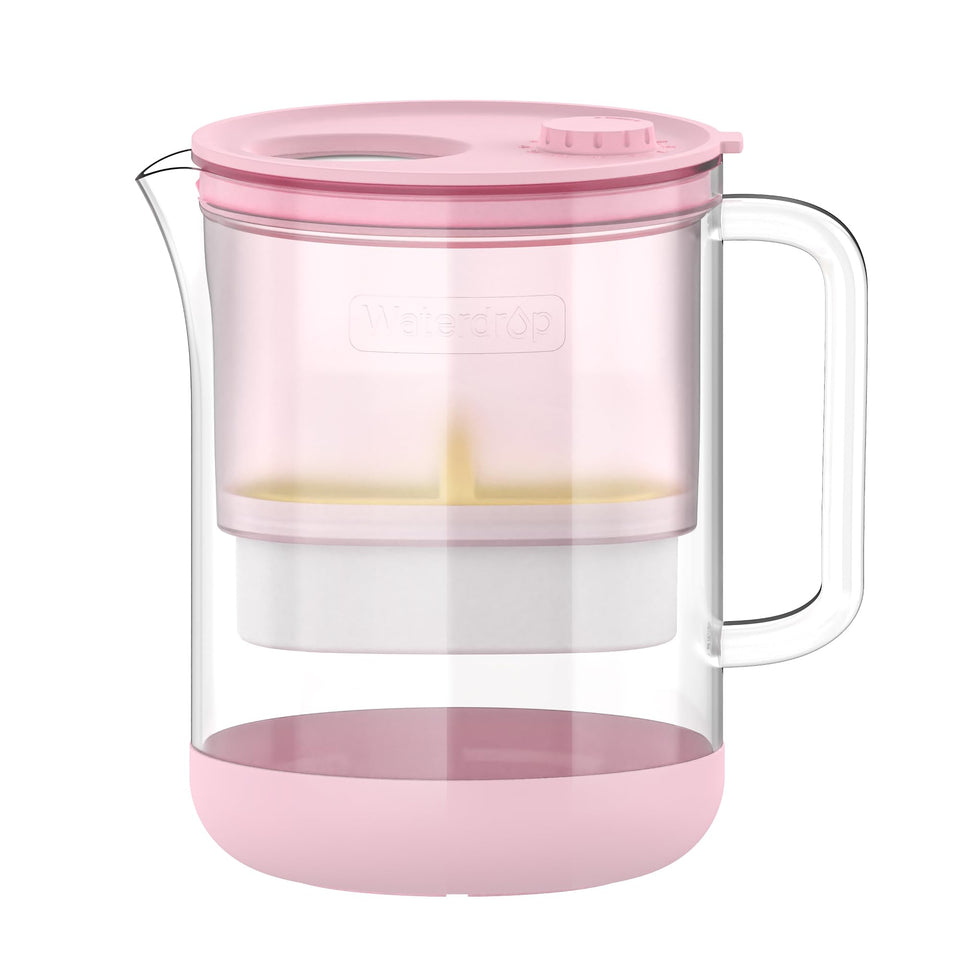 Waterdrop PT-72P pink glass pitcher with filter for clean-tasting water.