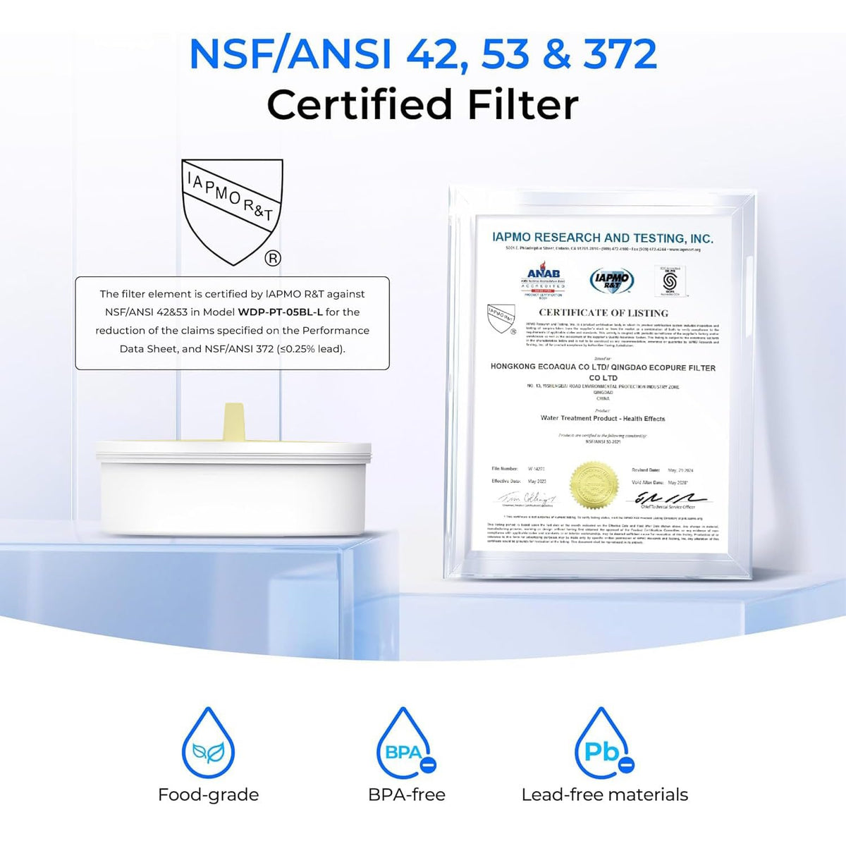 Waterdrop PT-72W filter cartridge enables 5-stage filtration for crisp water.