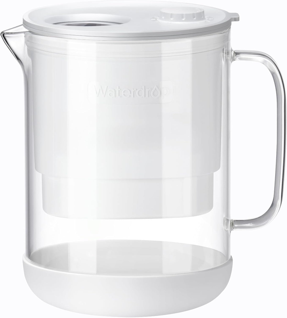 Waterdrop PT-72W glass pitcher front view, showcasing eco-friendly filtration.
