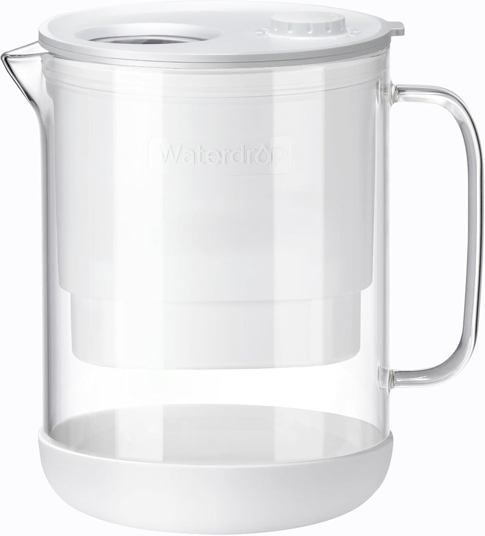 Waterdrop PT-72W glass pitcher front view, showcasing eco-friendly filtration.