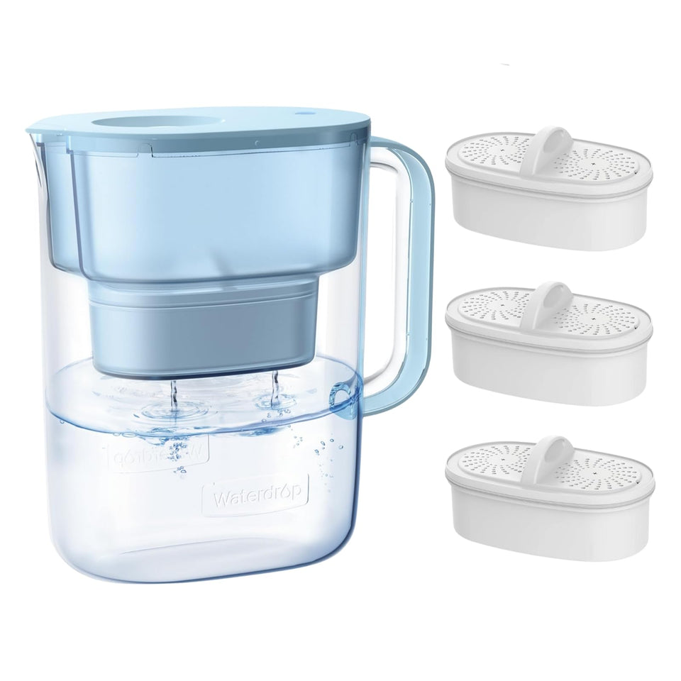 Waterdrop PT-07B blue pitcher front view, compact design for daily filtered water.