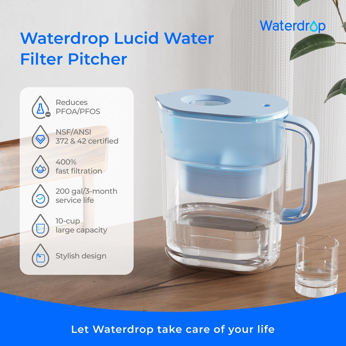 Waterdrop PT-07B pitcher with hands-free lid for hygienic pouring.