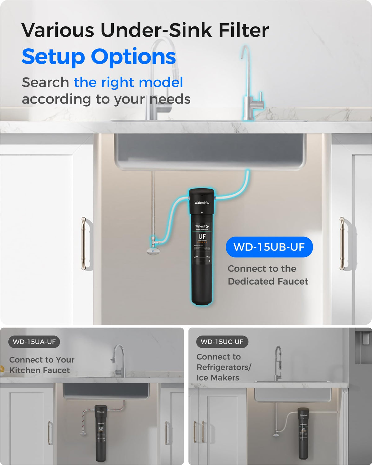 Waterdrop push-to-connect fittings enable quick, tool-free under-sink installation.