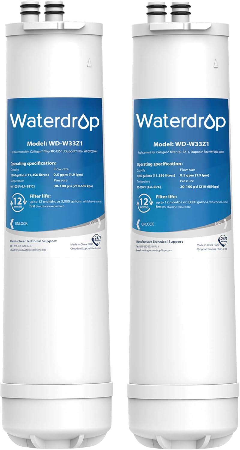 Waterdrop RC EZ 1 filter cartridge shown with compatibility labels for easy replacement