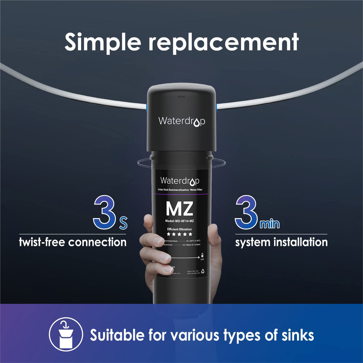 Waterdrop RF10-MZ under-sink setup in a kitchen cabinet