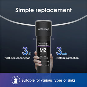 Waterdrop RF10-MZ under-sink setup in a kitchen cabinet