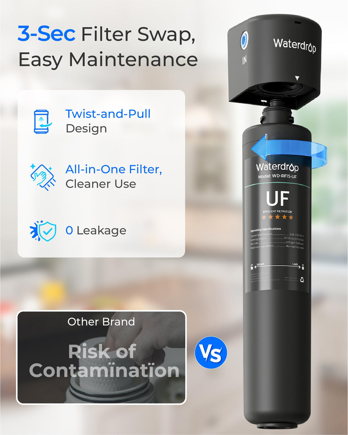 Waterdrop RF15-UF chlorine taste and odor reduction feature in action