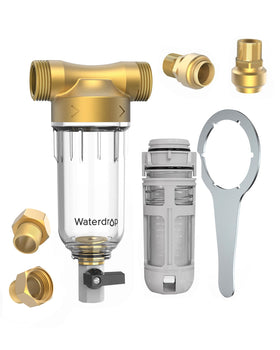 Waterdrop spin-down sediment filter unit for well water protection.
