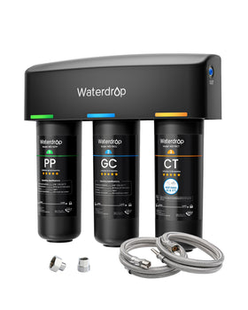 Waterdrop TSA 8-layer under-sink filter system front view for compact kitchen setup and clear water output